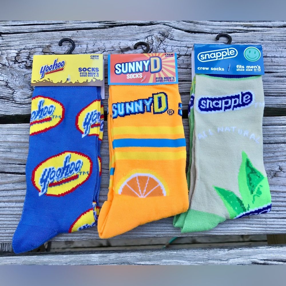 NEW 3 Mens Novelty Beverage Snapple Green Tea Sunny D YooHoo Socks Dad Guy Gift